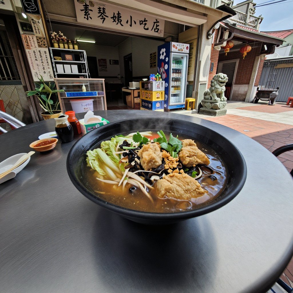 超寫實美食攝影,  台灣傳統土魠魚羹（Mackerel Stew Soup）,  盛裝於大型深口陶瓷碗中 by CuteQ2025 on Tensor.Art