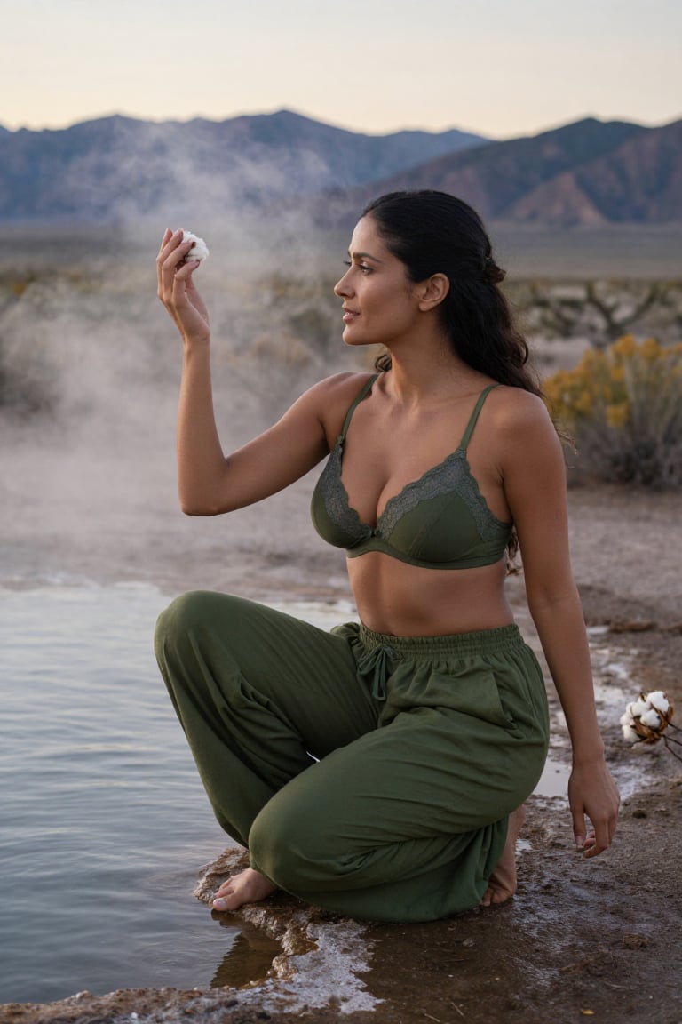 Crouching beside a Nevada hot spring,  olive cotton bralette,  matching loose pants by Mahima on Tensor.Art