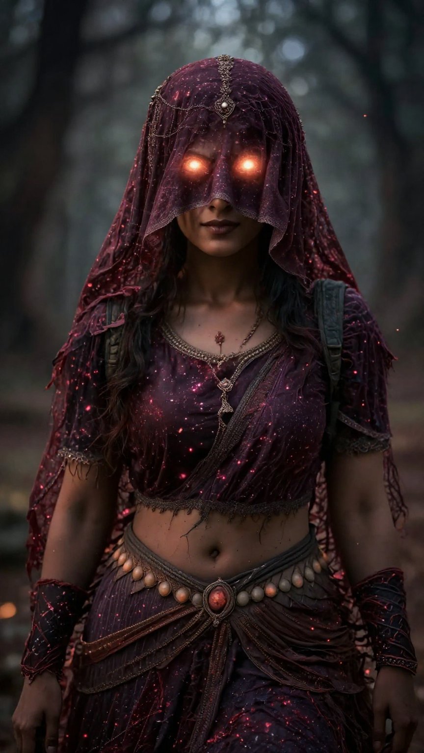 A indian witch women,  hair and eyes cover with Vail clothe,  eyes nothing is visible only glowing light in eyes by LoRa F...