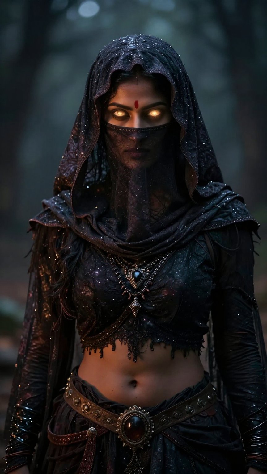 A indian witch,  hair and and forehead eyes cover with hard Vail clothe,  nothing is visible only glowing light in eyes by...