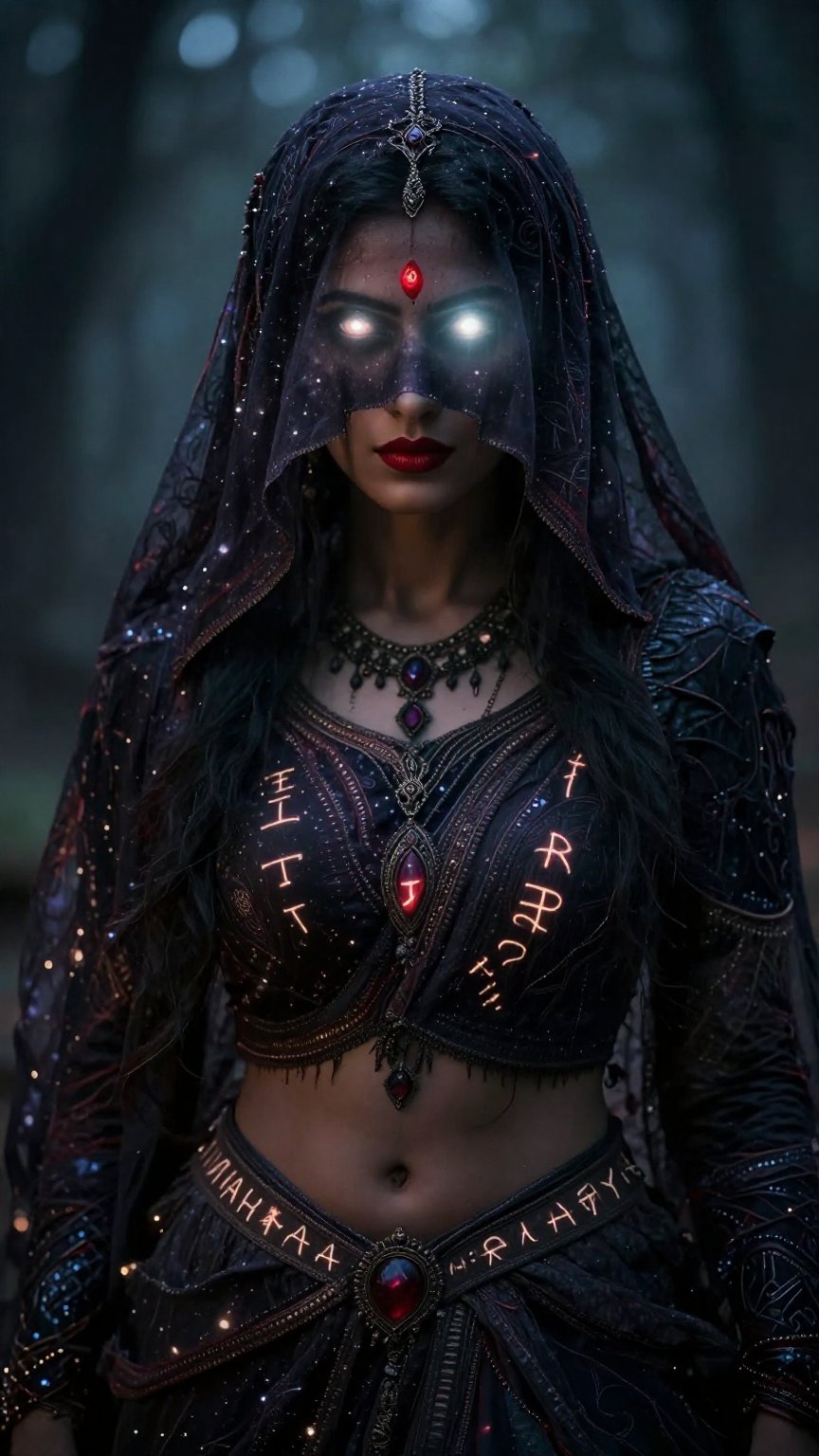 Create a hauntingly beautiful scene featuring an Indian witch,  her hair and forehead covered by a veil of dark cloth,  le...