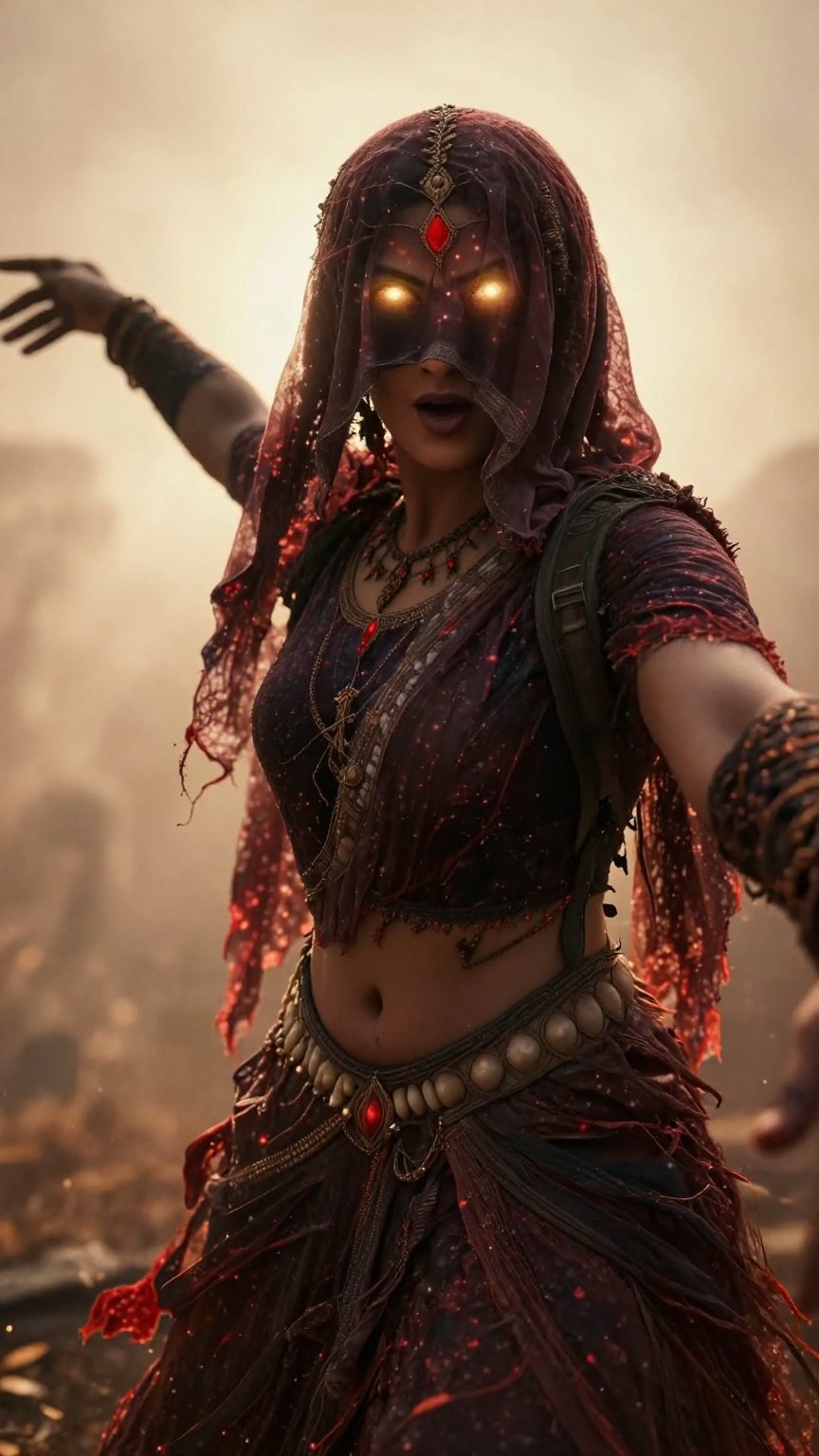 Create a cinematic scene featuring an Indian witch with her hair and forehead covered by a hard veil cloth,  leaving only...