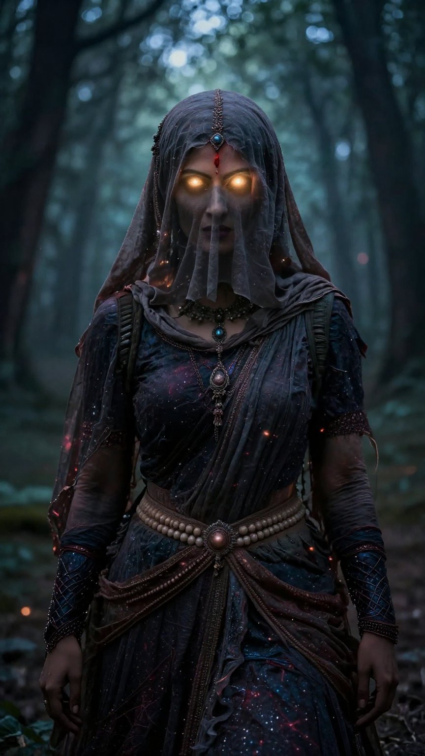 Create a cinematic scene where an Indian witch stands,  her hair and forehead covered by a hard veil made of opaque cloth,...