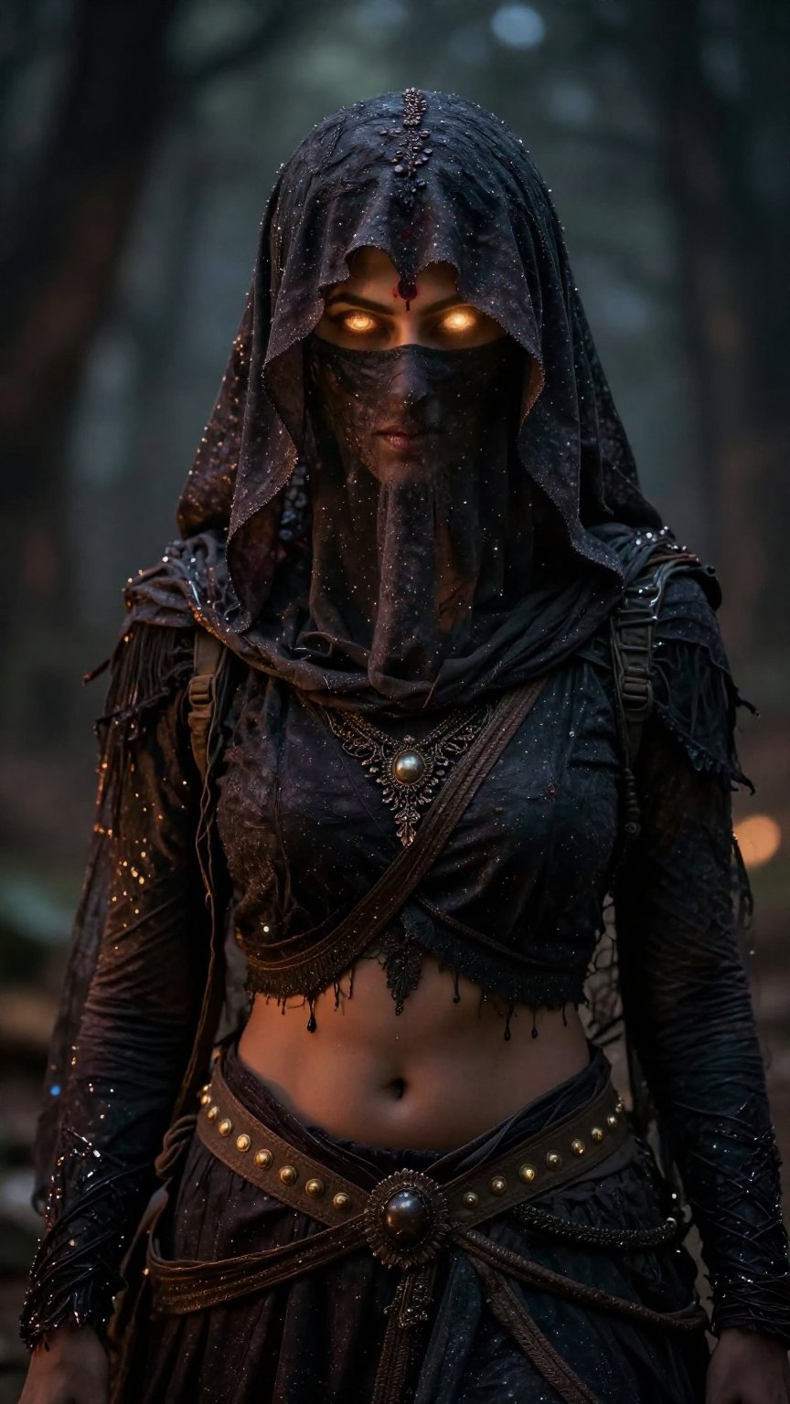 A indian witch,  hair and and forehead eyes cover with hard Vail clothe,  nothing is visible only glowing light in eyes by...