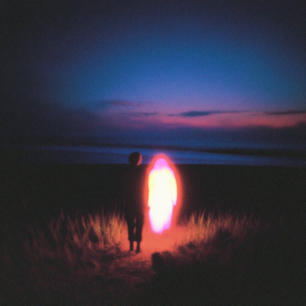 dark_dreamcore_style,  A surreal analog photograph of a dark human silhouette walking beside a glowing figure on a quiet b...