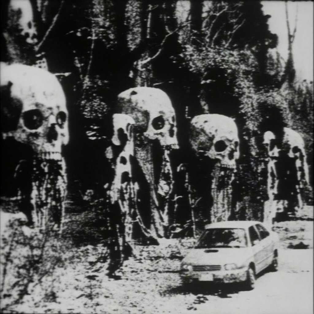 roadside scene with a line of towering organic structures whose trunks twist upward into huge elongated skulls; each skull...