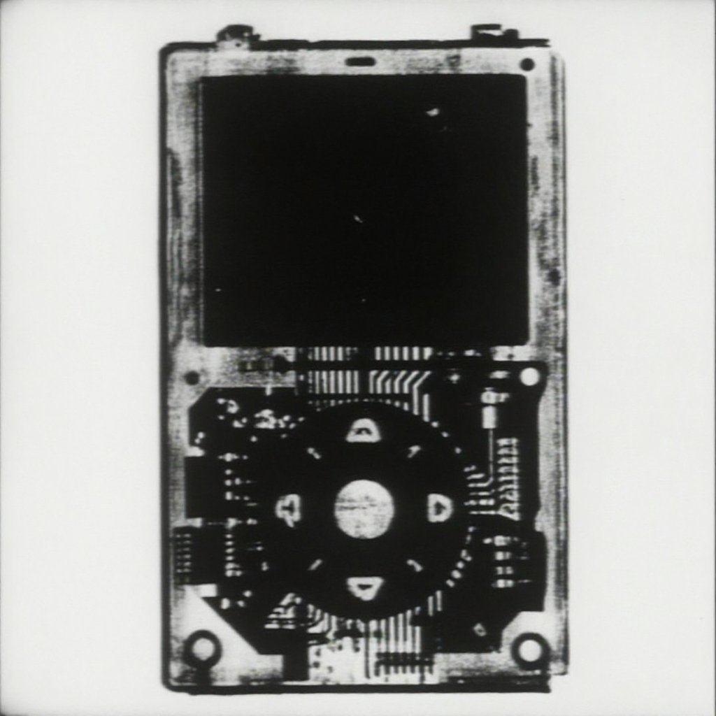 rectangular handheld device with a transparent casing revealing complex circuitry inside; upper portion features a blank b...