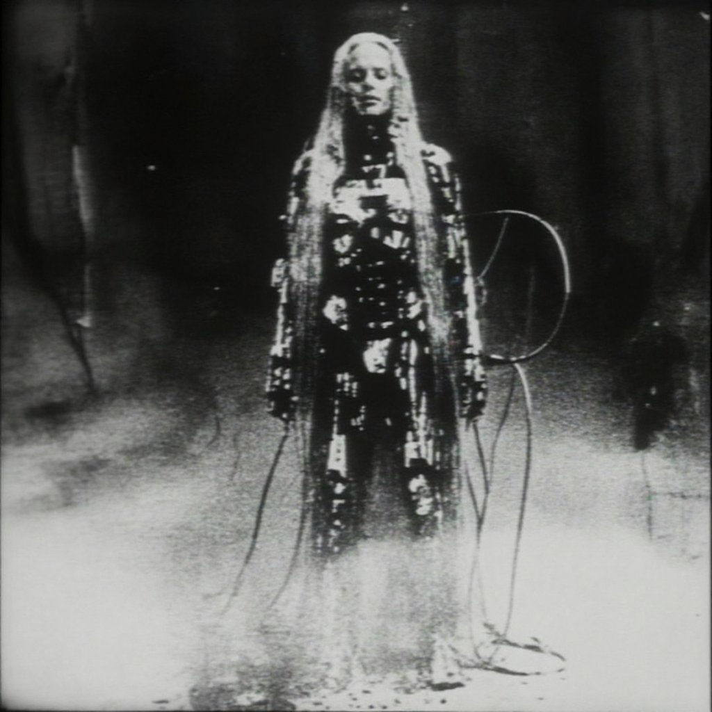 full-body view of a cyborg woman standing against a dark,  hazy backdrop; her extremely long pale hair falls in straight s...