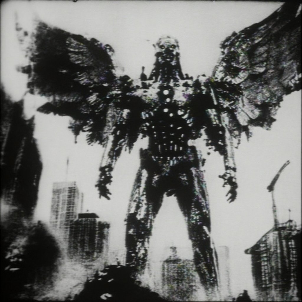 towering humanoid figure with skeletal proportions and mechanical augmentations standing above a sprawling city; body comp...