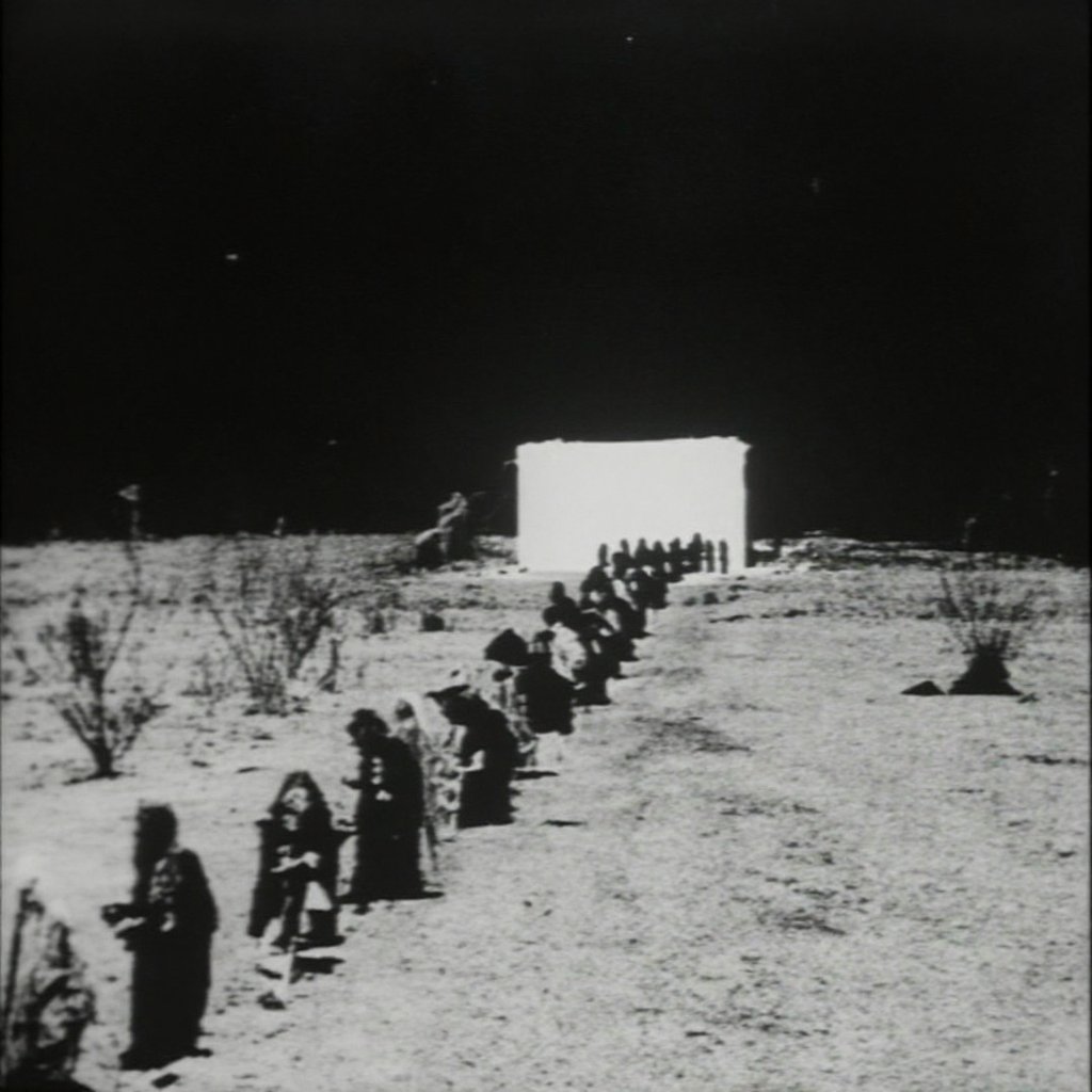 vast open field stretching toward a distant rectangular portal of intense white light floating at the far end of the lands...