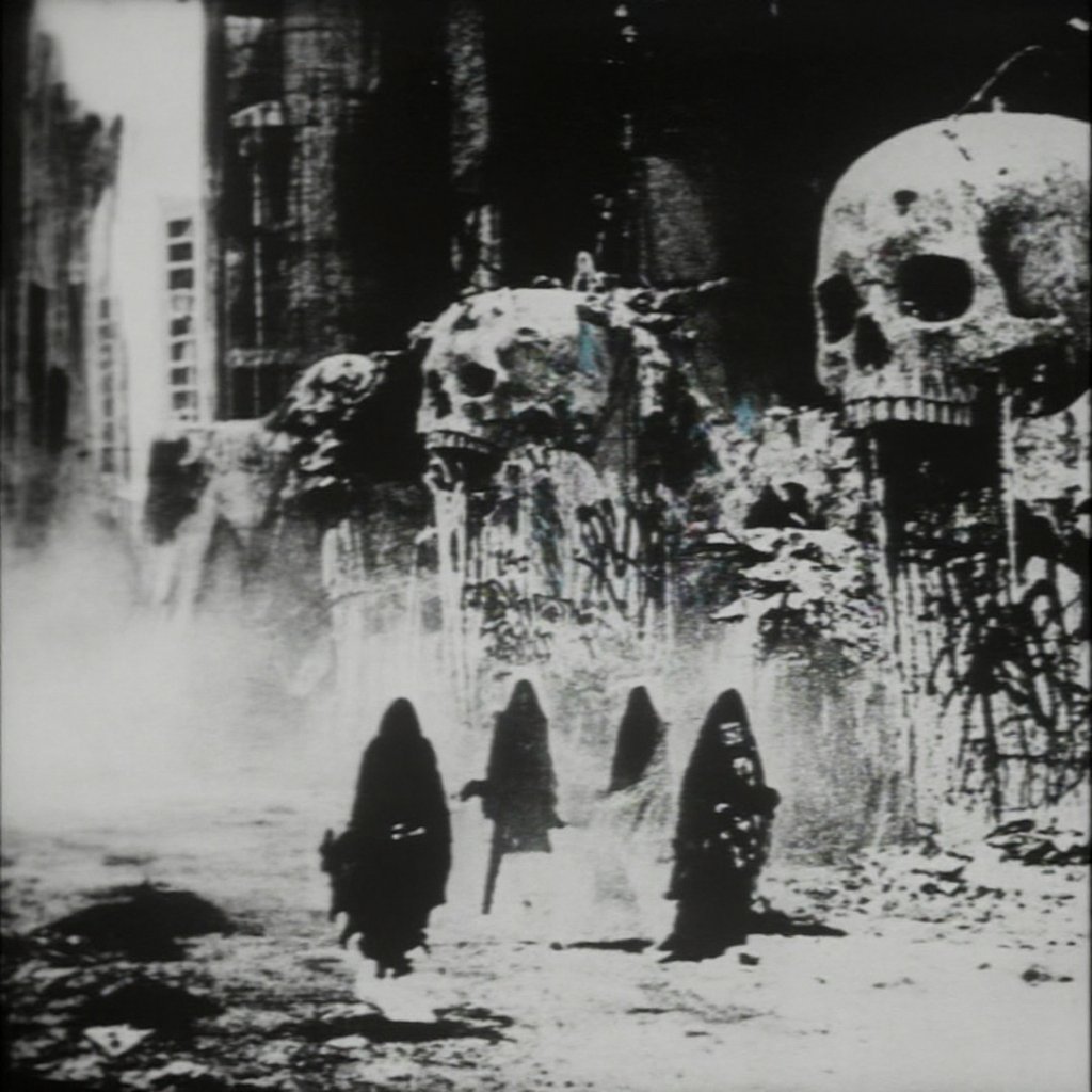 wide abandoned urban boulevard shrouded in pale drifting fog,  the street cracked and empty except for five hooded figures...