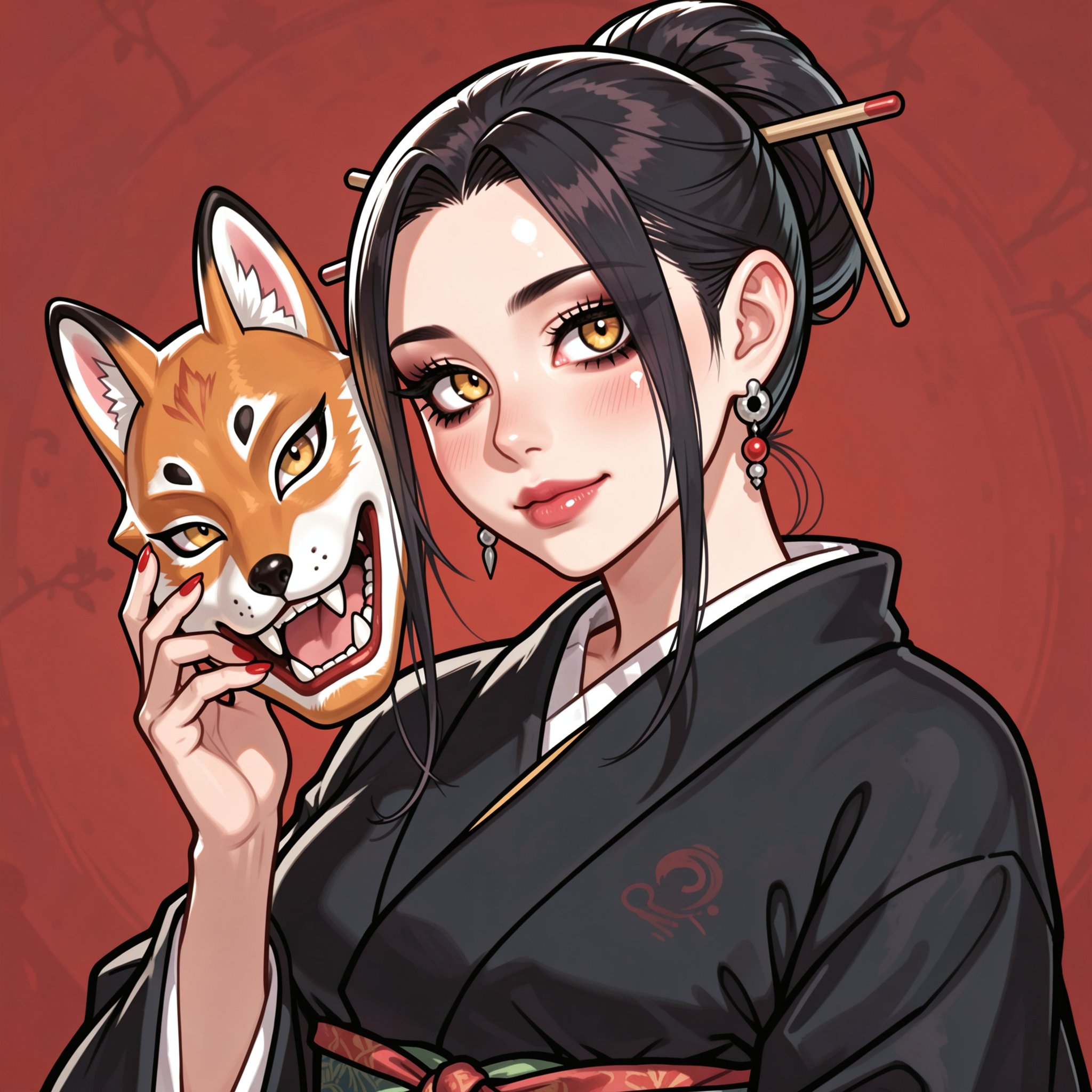 Vv.LXVIII - Atrox. bold lines. a beautiful girl with long black hair in a single bun adorned with hair sticks and hairpin,...