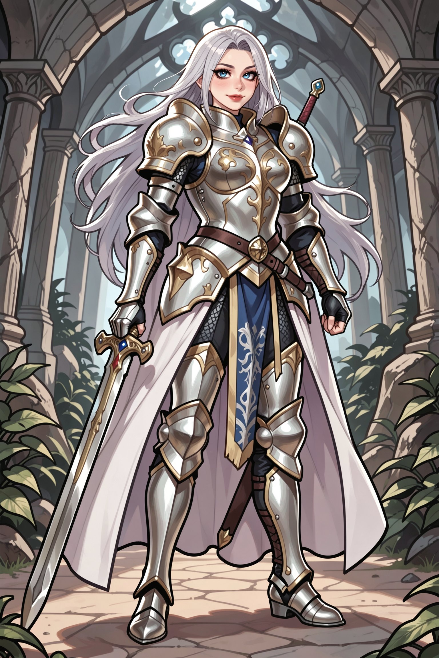 Vv.LXVIII - Atrox. bold lines. female knight,  a beautiful young woman with long flowing silver hair,  sharp determined bl...