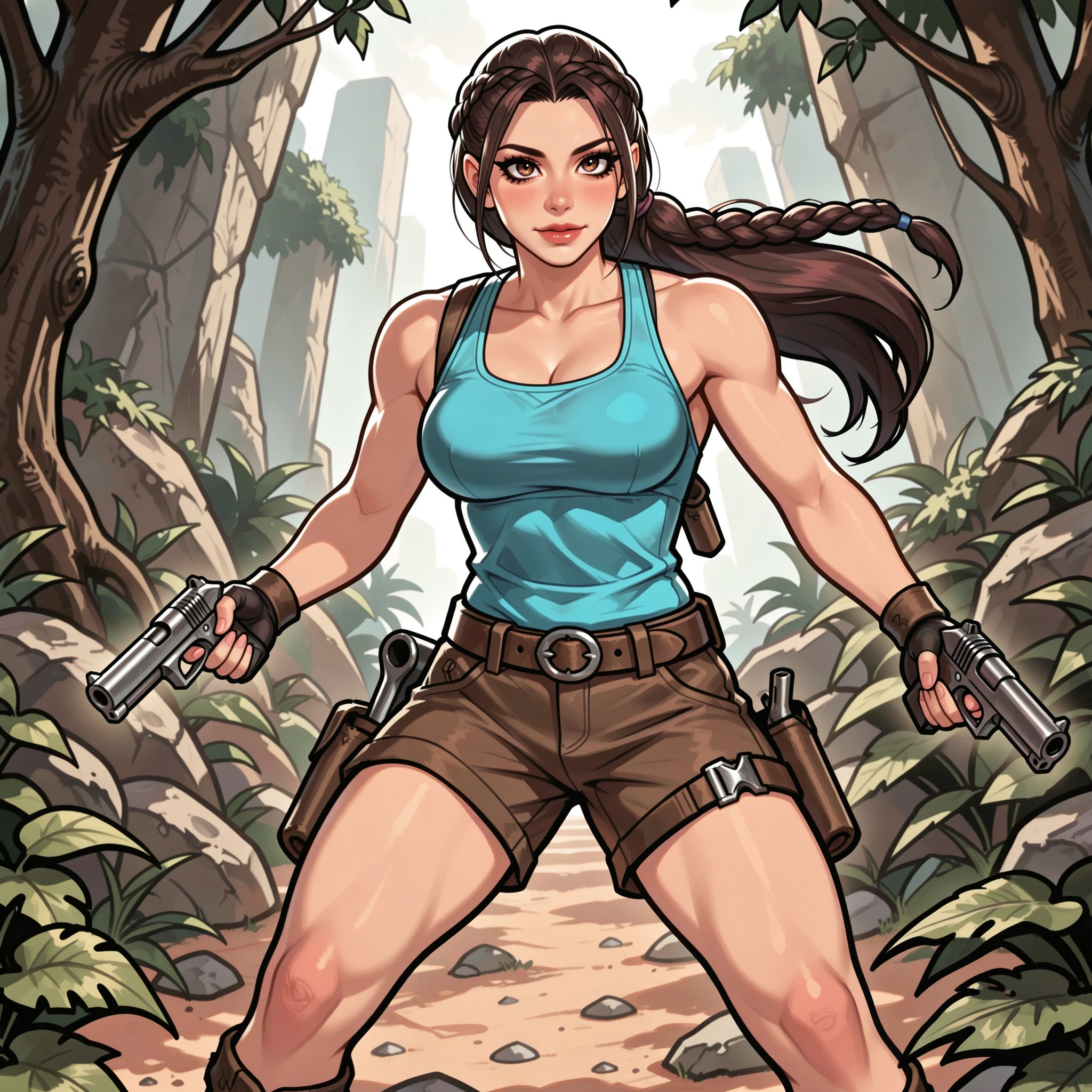 Vv.LXVIII - Atrox. bold lines. lara croft,  full body dynamic shot of lara croft in action,  long braided dark brown hair...