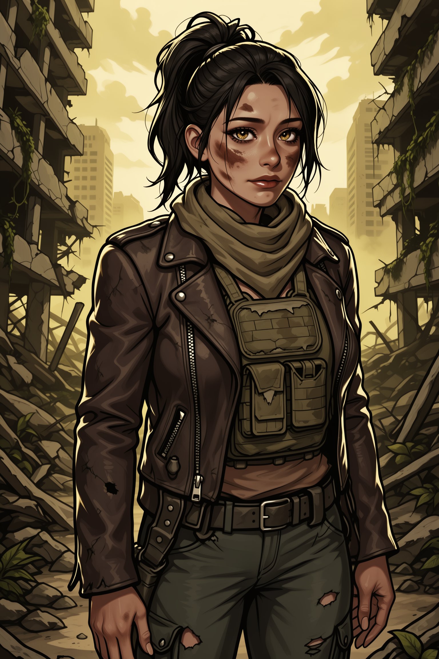 Vv.LXVIII - Atrox. perfect body anatomy,  perfect hand anatomy,  medium shot of a hardened female apocalypse survivor stan...