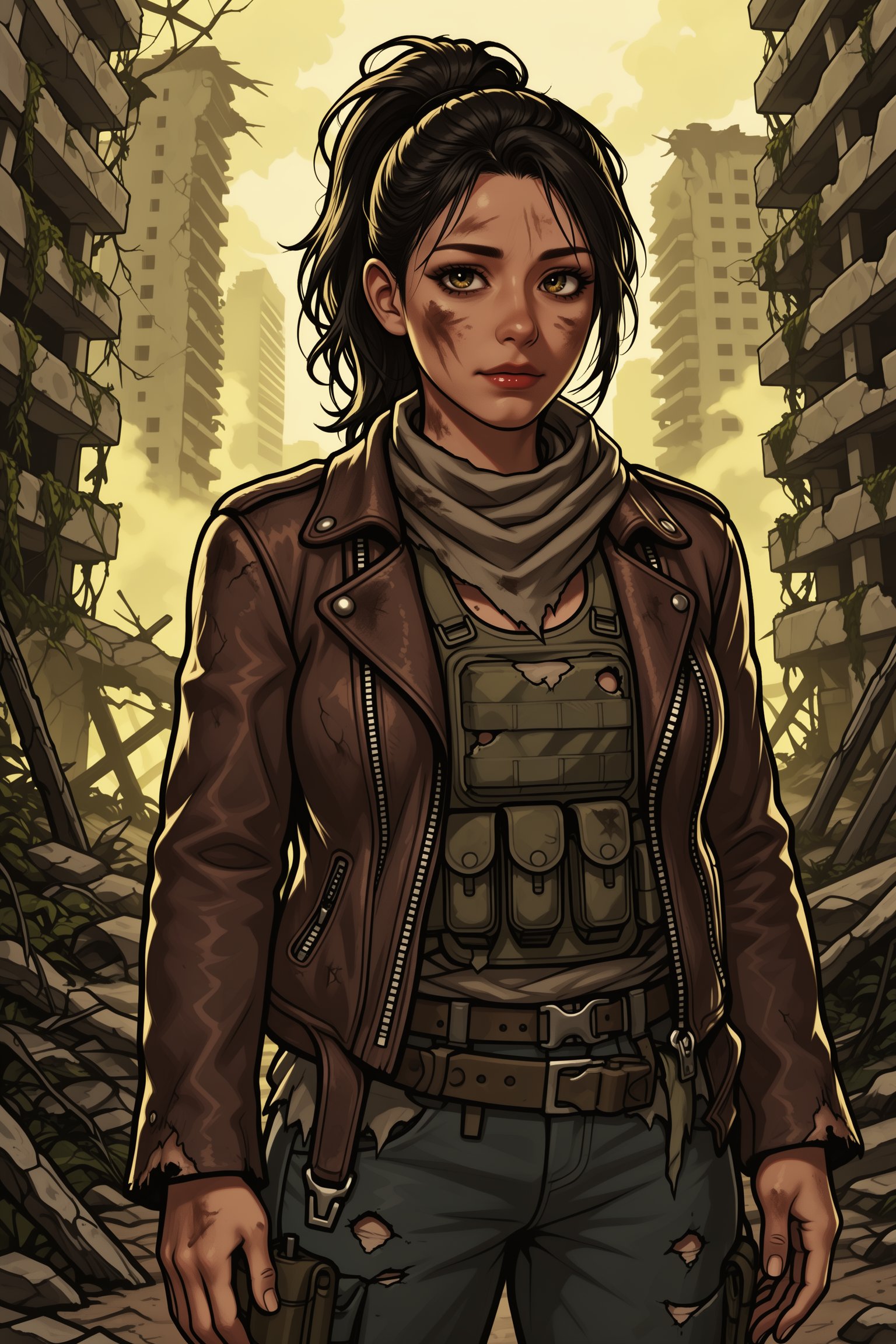 Vv.LXVIII - Atrox. perfect body anatomy,  perfect hand anatomy,  medium shot of a hardened female apocalypse survivor stan...