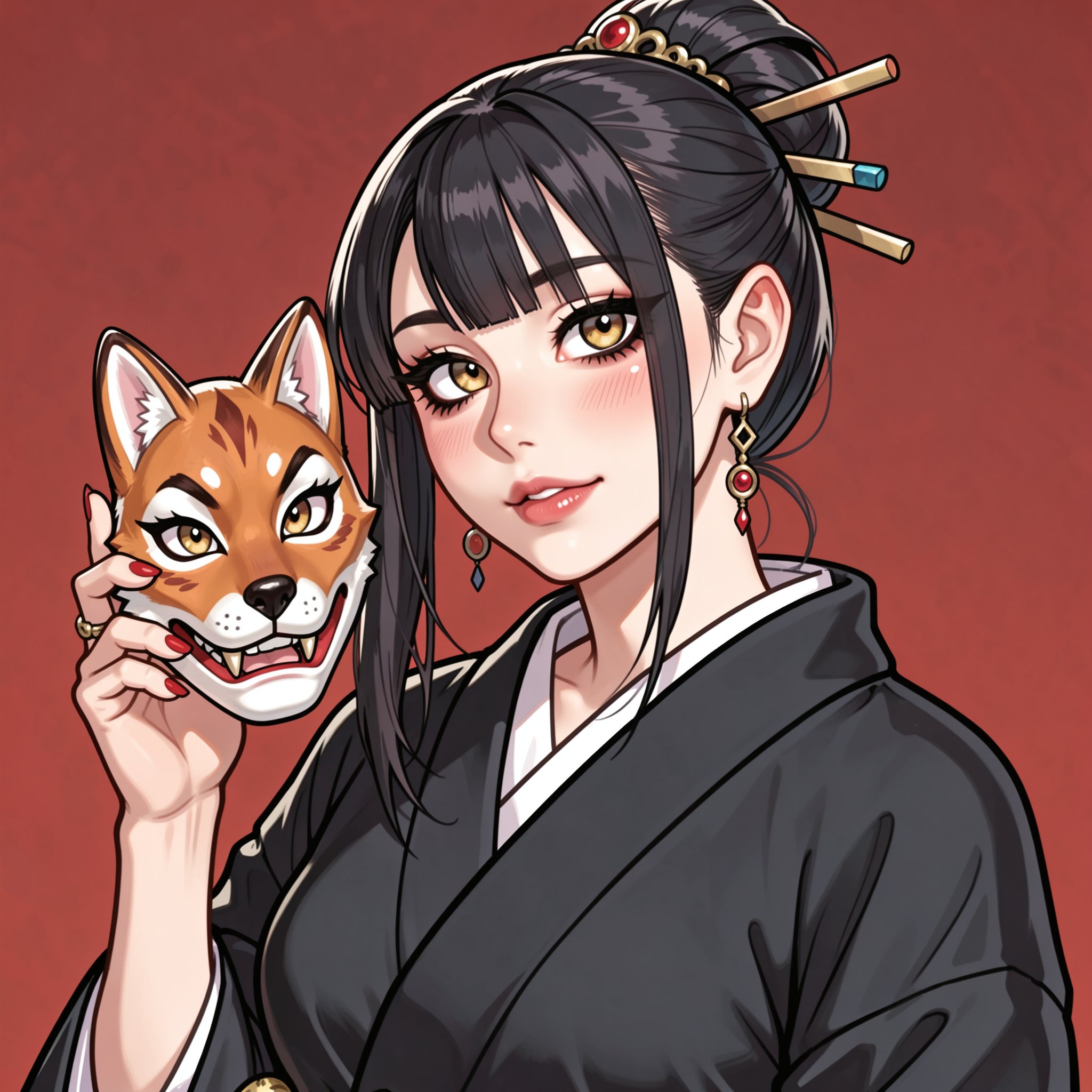 Vv.LXVIII - Atrox. bold lines. a beautiful girl with long black hair in a single bun adorned with hair sticks and hairpin,...
