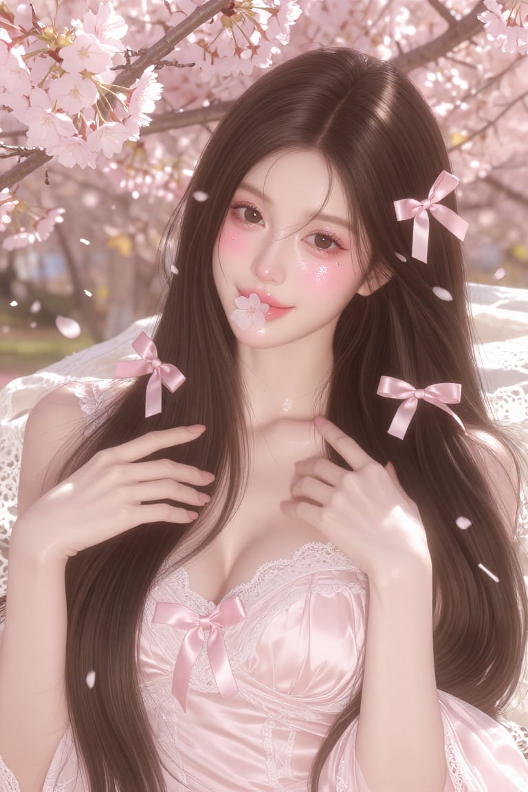 semi close-up from the chest up of an elegant young woman with long sleek straight dark brown hair and large doe-like dark...