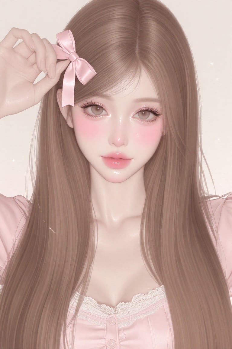 soft brushwork,  a soft close-up portrait of a beautiful young woman with long silky straight light brown hair parted in t...