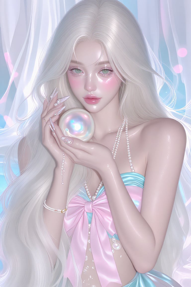 semi-realistic manhwa,  glass skin a dreamy editorial half‑body portrait of a stunning young woman with extremely long sil...