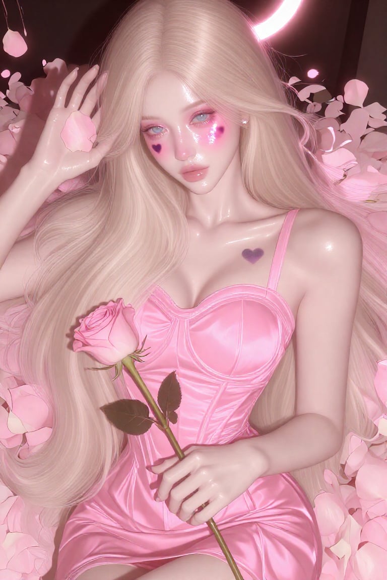 In a semi-close-up editorial shot,  a young white woman with pale porcelain skin and long,  sleek cool champagne blonde ha...