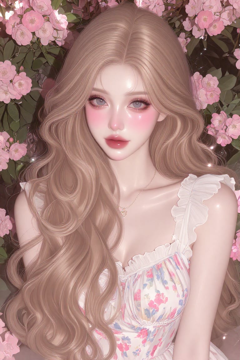 a portrait of an exceptionally beautiful young woman standing outdoors in front of a lush cascading wall of blooming pink...