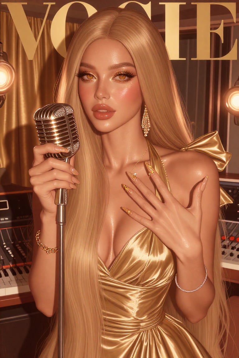 a glamorous magazine cover-style portrait of a stunning young woman with extremely long silky straight honey-gold hair fal...