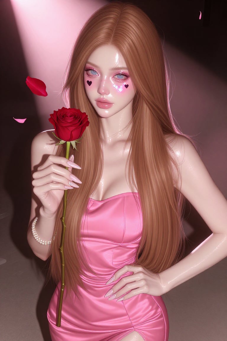 In a semi-close-up editorial shot,  a young white woman with creamy ivory skin and long,  sleek warm chestnut hair falling...