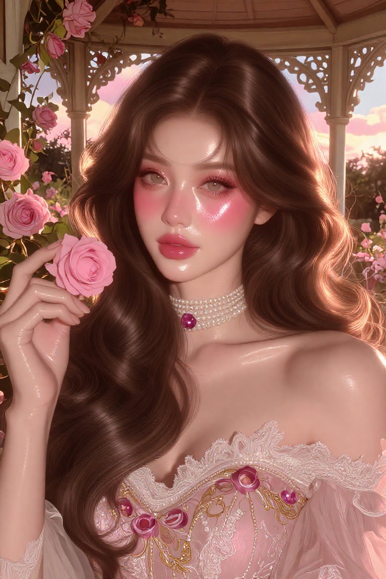 A romantic royal princess in a baroque garden gazebo covered with climbing roses,  close-up from the shoulders up,  her na...