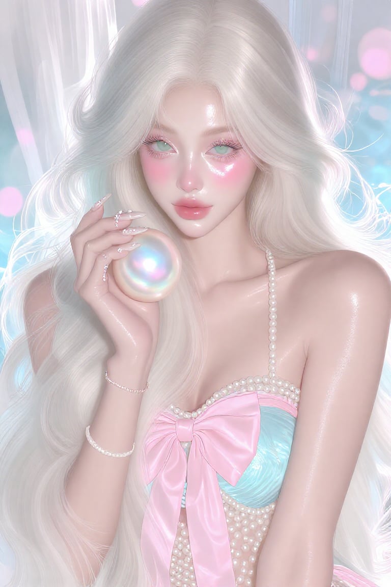 semi-realistic manhwa,  glass skin a dreamy editorial half‑body portrait of a stunning young woman with extremely long sil...