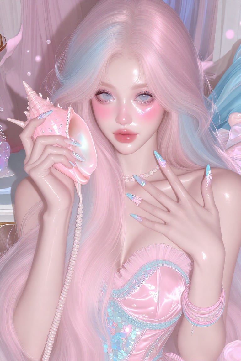 semi-realistic manhwa,  glass skin a dreamy editorial half‑body portrait of a stunning young woman with extremely long sil...