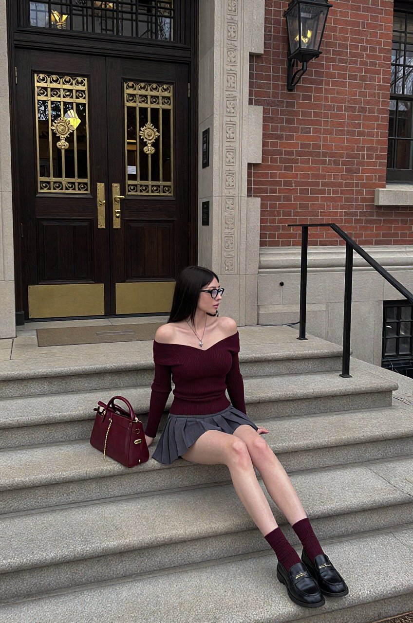 an ultra-wide shot of a young woman with straight dark hair and glasses sitting casually on the wide stone steps leading u...