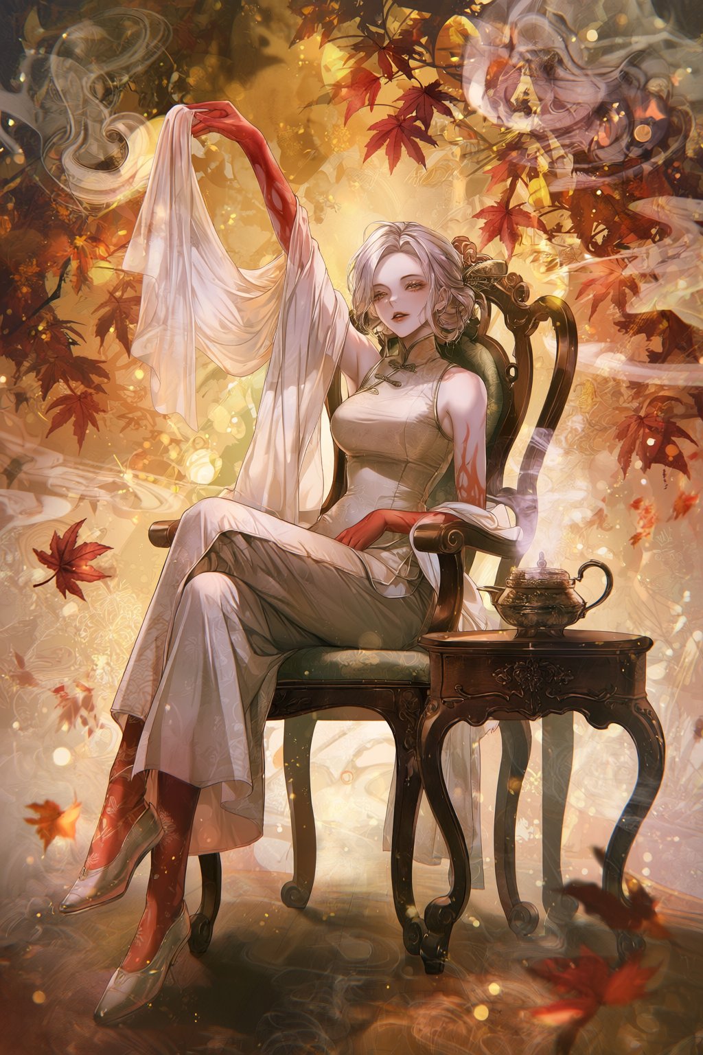 A stylized digital painting depicts a woman with pale hair and crimson-tinted skin seated in an ornate,  high-backed woode...