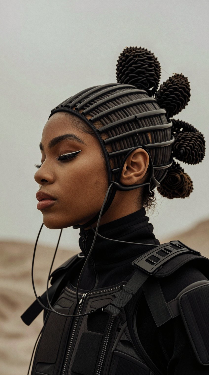 Close-up shot. A futuristic female african black skinned cybernetic warrior in profile,  wearing ribbed black futuristic d...