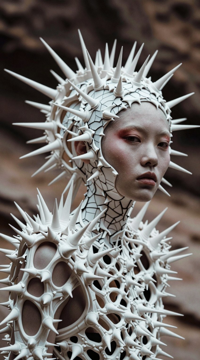 A pale female asian alien fashion model wearing a bone-white organic exoskeleton covered with sharp thorn-like spikes. The...