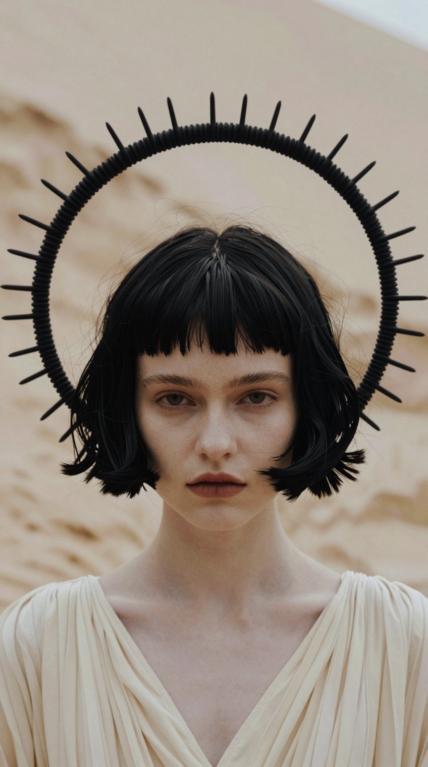 Close-up shot. A pale young female fashion model with a short black bob haircut and blunt bangs,  wearing a large black ci...