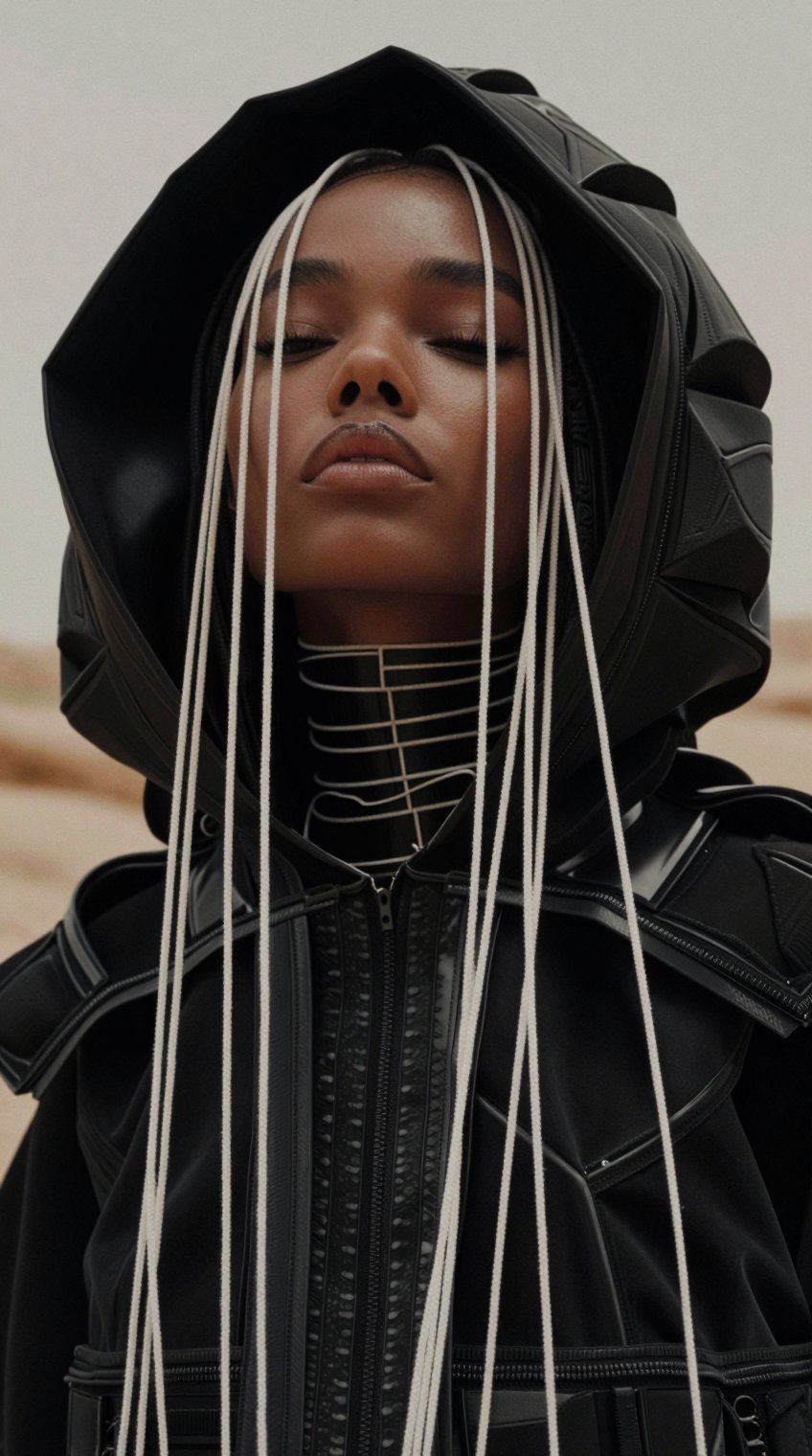 Close-up shot. A futuristic black-clad beautiful desert female african black skinned nomad wearing an oversized technical...