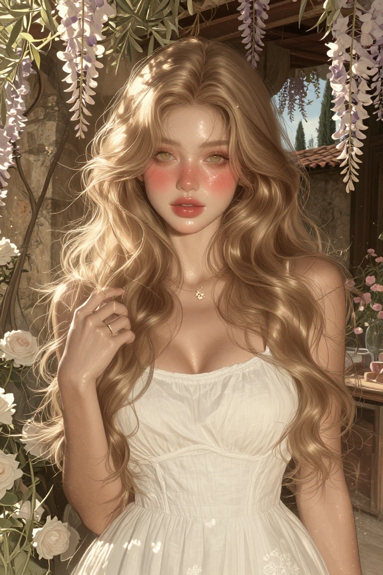a portrait of an exceptionally beautiful young woman standing outdoors in front of a rustic stone flower shop wall draped...