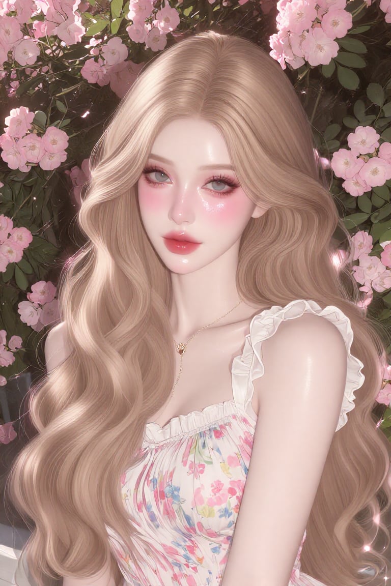 a portrait of an exceptionally beautiful young woman standing outdoors in front of a lush cascading wall of blooming pink...