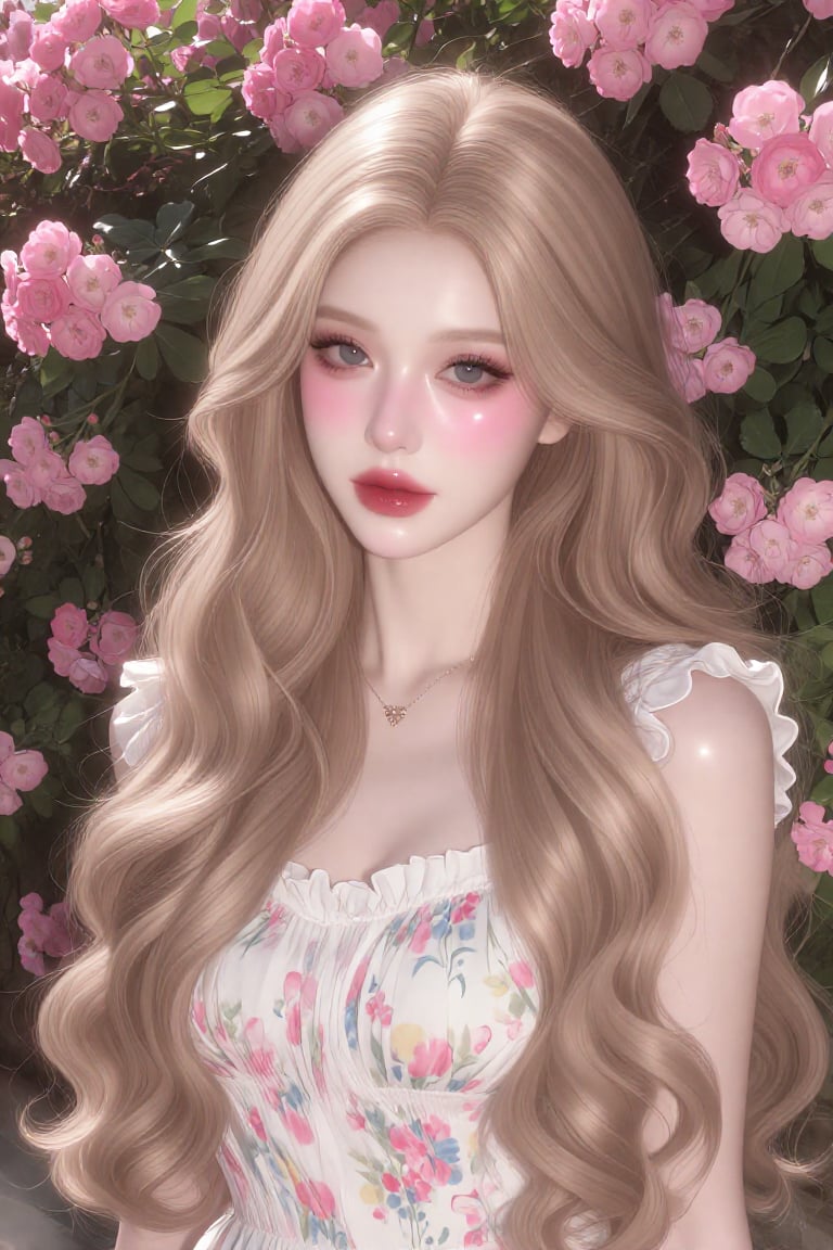 a portrait of an exceptionally beautiful young woman standing outdoors in front of a lush cascading wall of blooming pink...