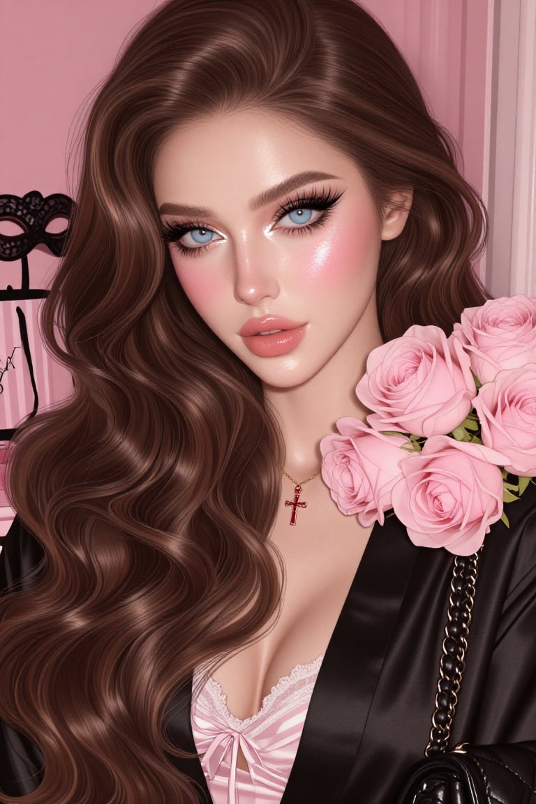 A stunning close-up portrait of an impossibly beautiful young woman with an ultra-glamorous Victoria's Secret model aesthe...