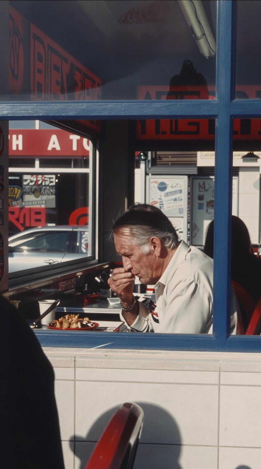 A candid,  atmospheric medium shot of an older man seated at a table,  eating in a diner by patrik 🐈 on Tensor.Art