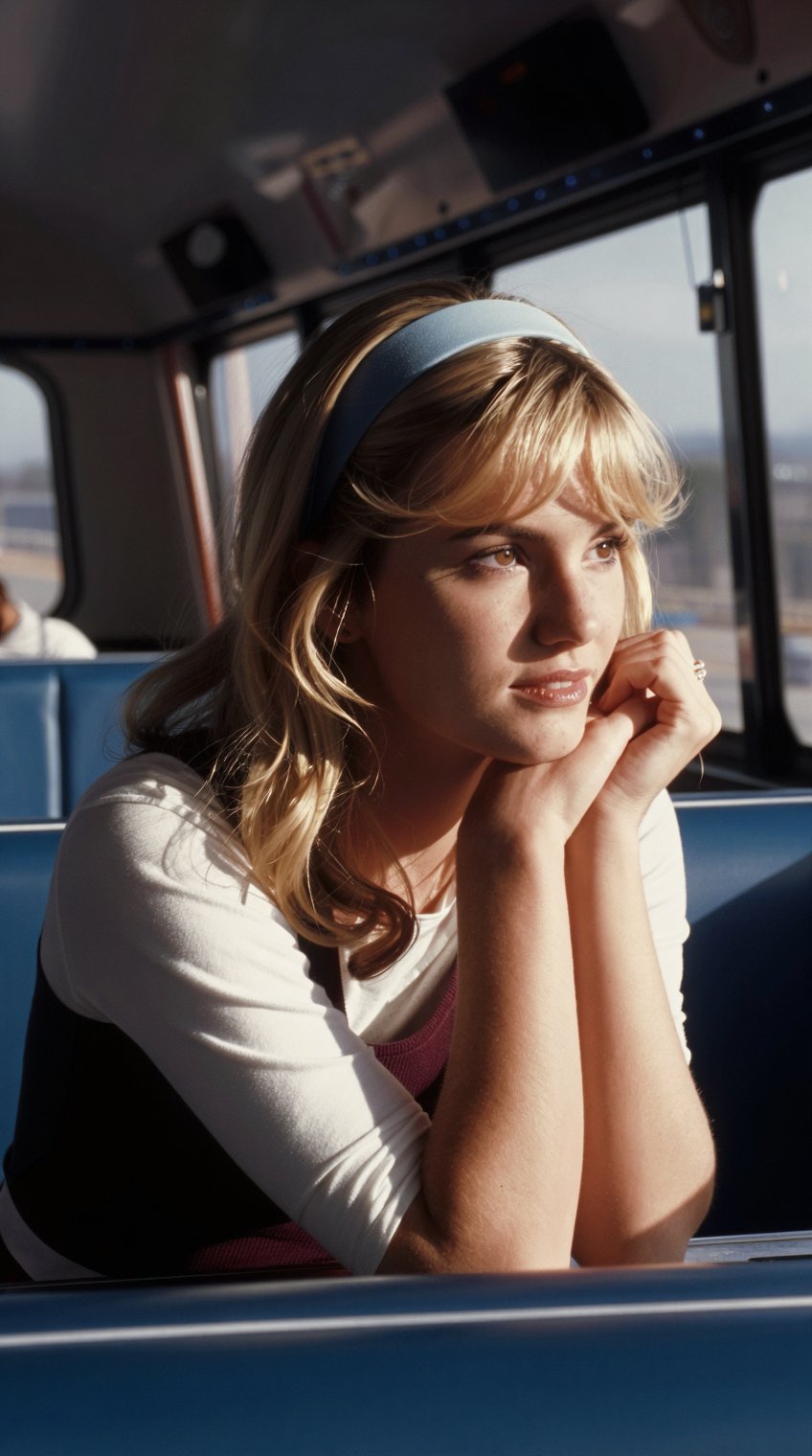 A high-quality 35mm film photograph of a young woman with light blonde hair and bangs,  wearing a pale blue headband. She...