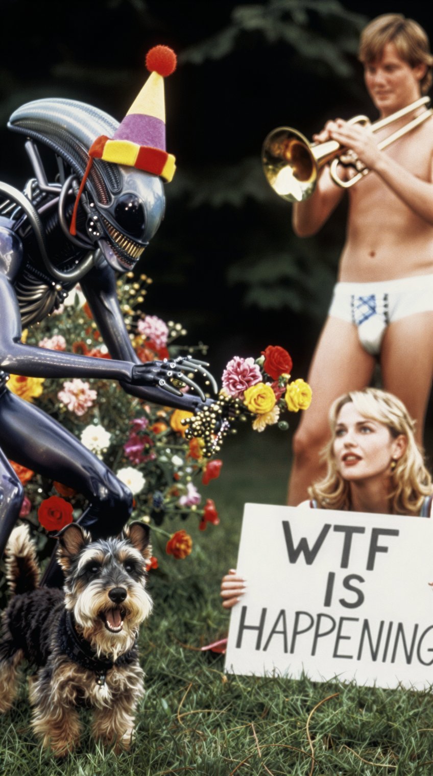 Highly realistic portrait of a Xenomorph wearing a clown hat picking flowers in a garden,  while a happy little scottish t...