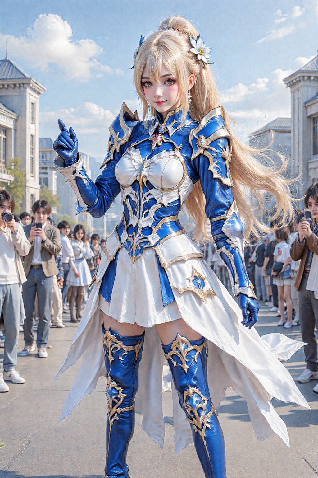 This is a highly detailed digital CGI artwork anime-style. A young woman dressed in an elaborate fantasy warrior costume s...