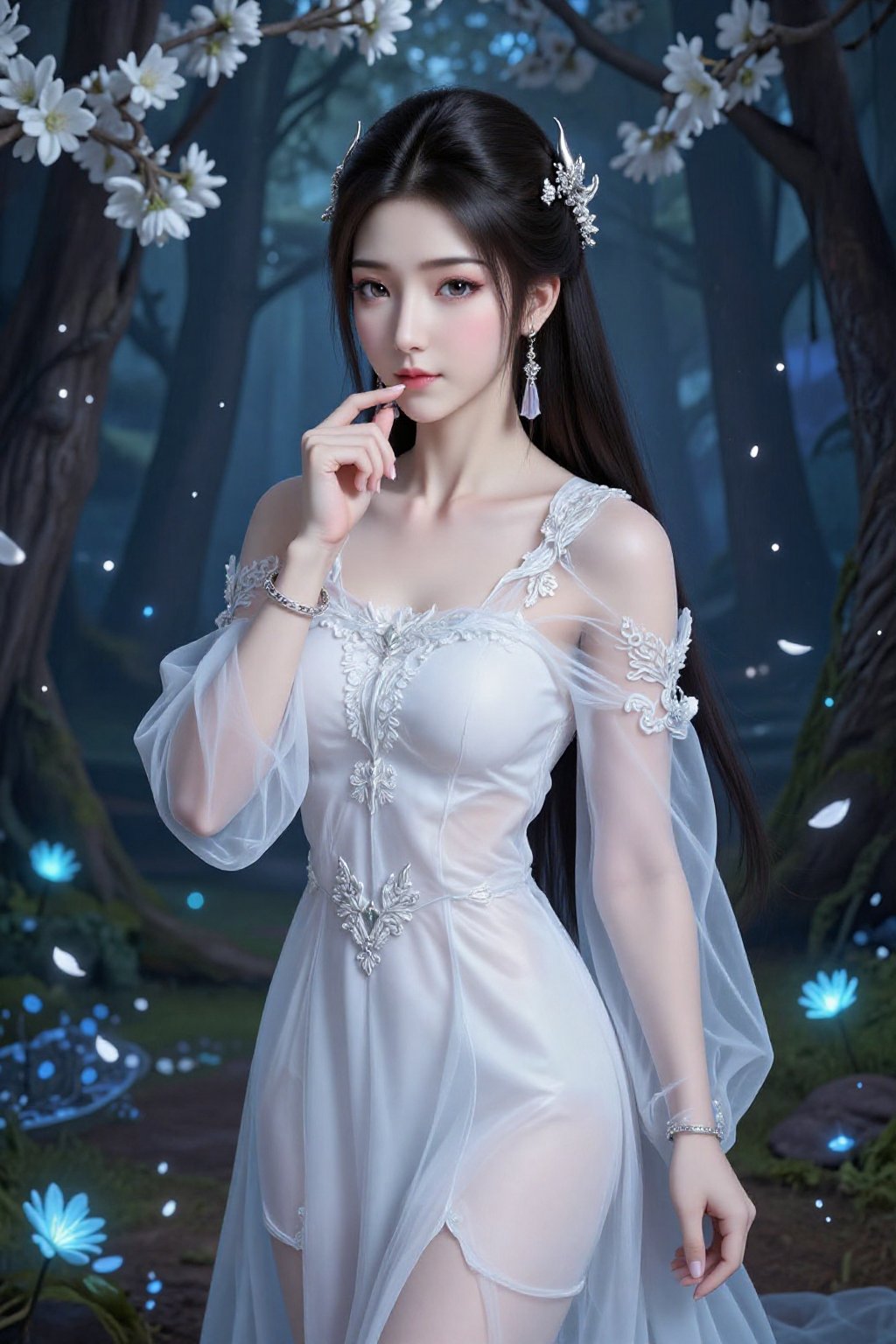 This is a highly detailed digital CGI artwork anime-style. Depicting a beautiful East Asian woman in a fantasy forest sett...