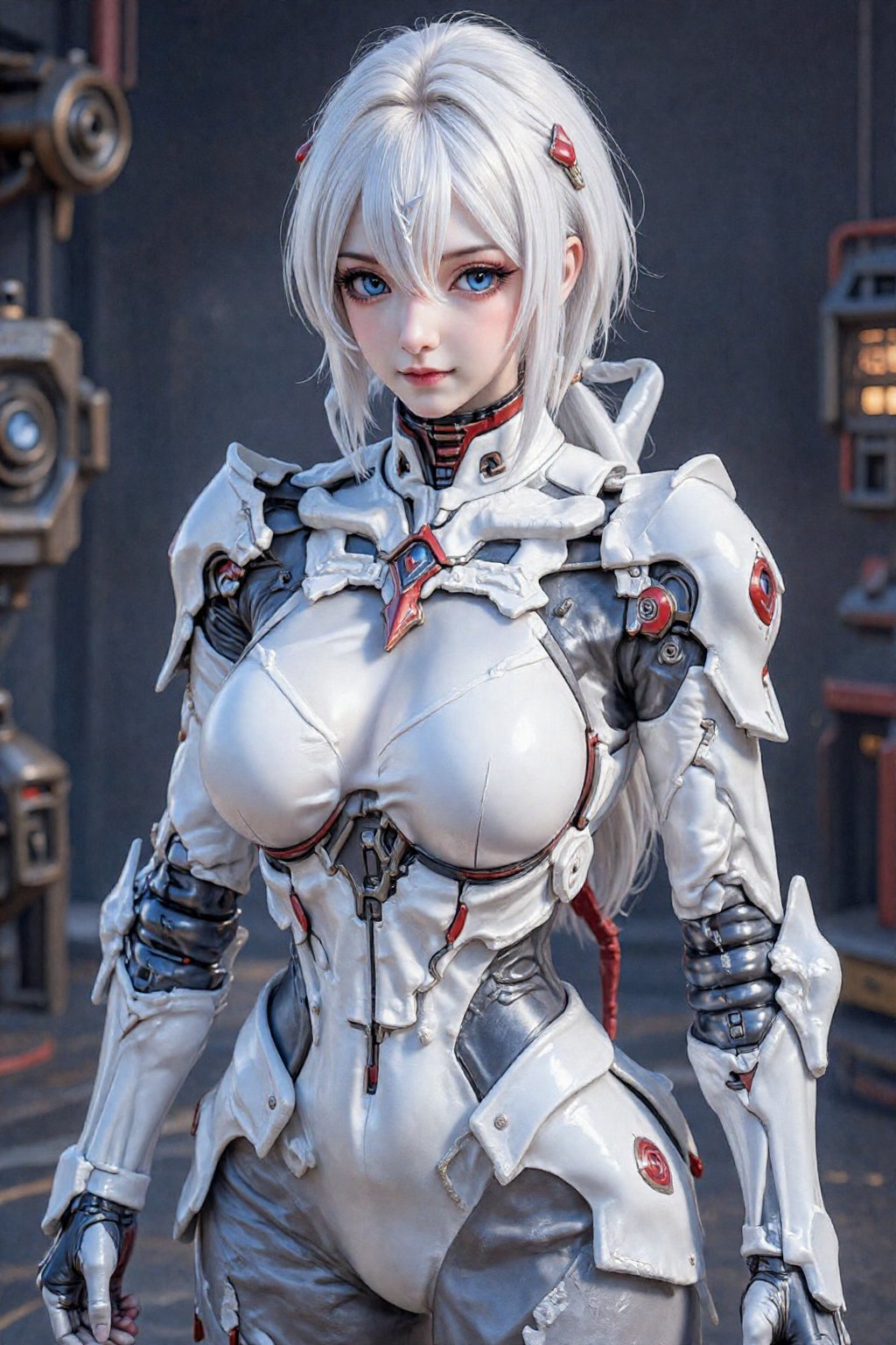 This is a highly detailed digital CGI artwork anime-style. a futuristic,  armored woman with pale skin and short,  white h...