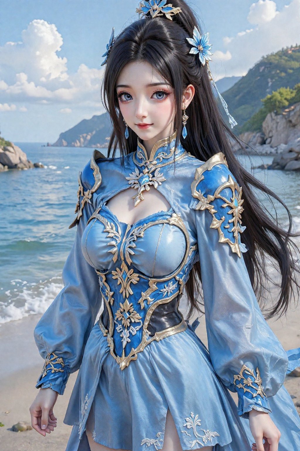 This is a highly detailed digital CGI artwork anime-style. A young woman with long,  flowing black hair adorned with delic...