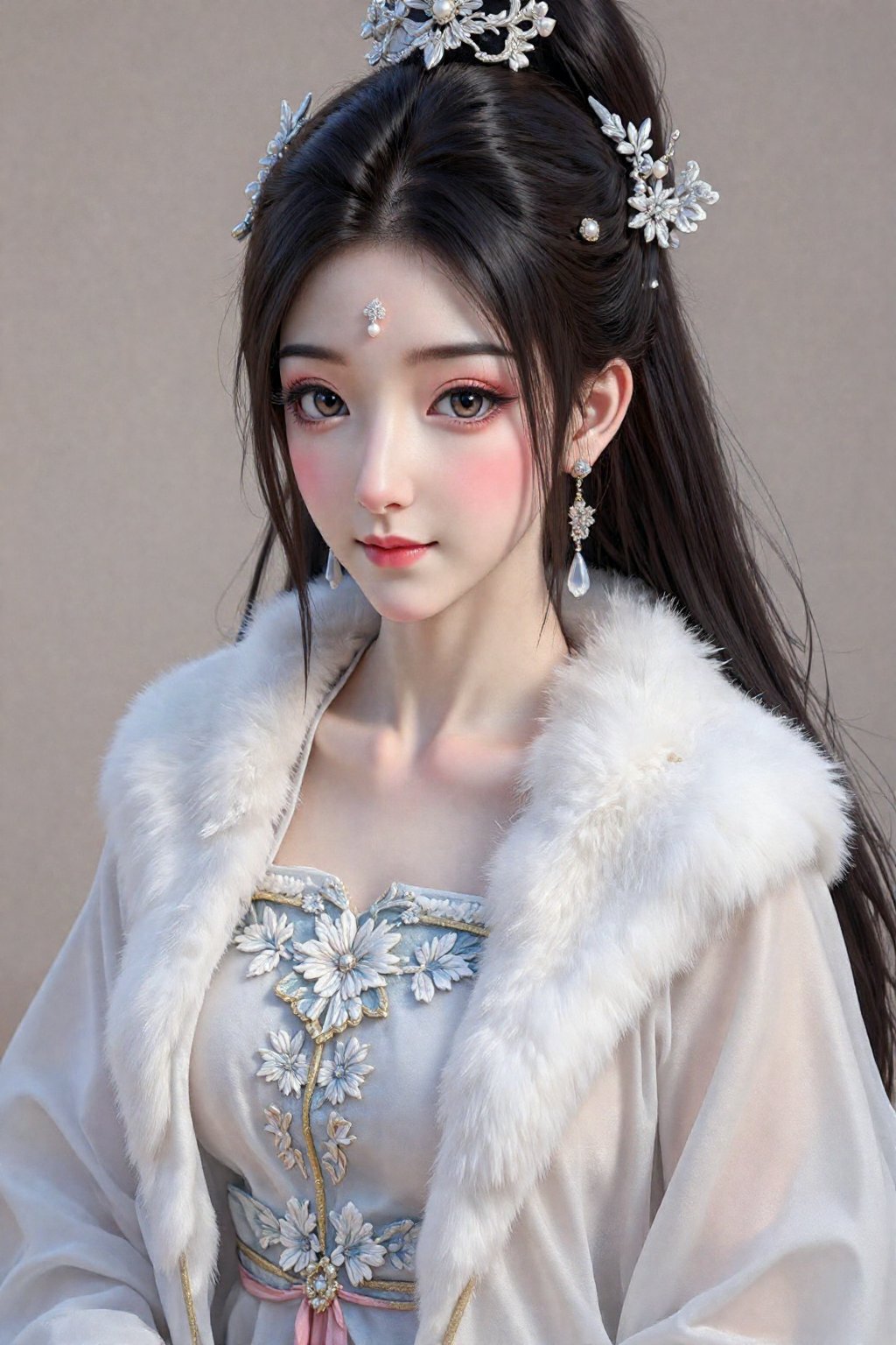 This is a highly detailed digital CGI artwork anime-style. A close-up portrait of a young Asian woman,  likely in her earl...