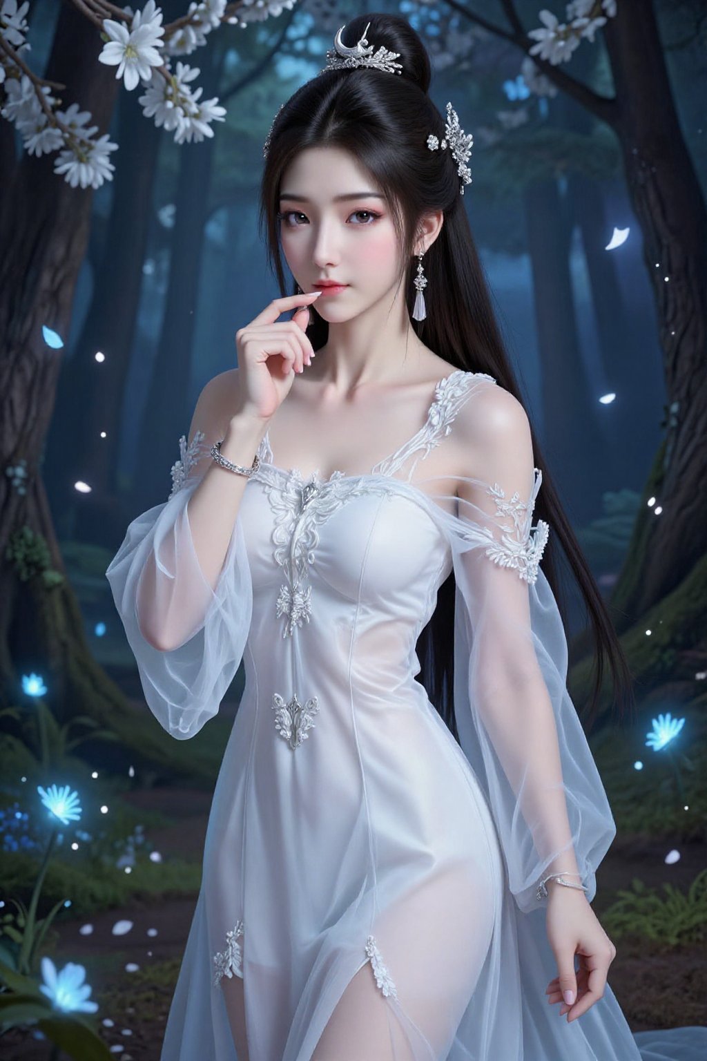 This is a highly detailed digital CGI artwork anime-style. Depicting a beautiful East Asian woman in a fantasy forest sett...